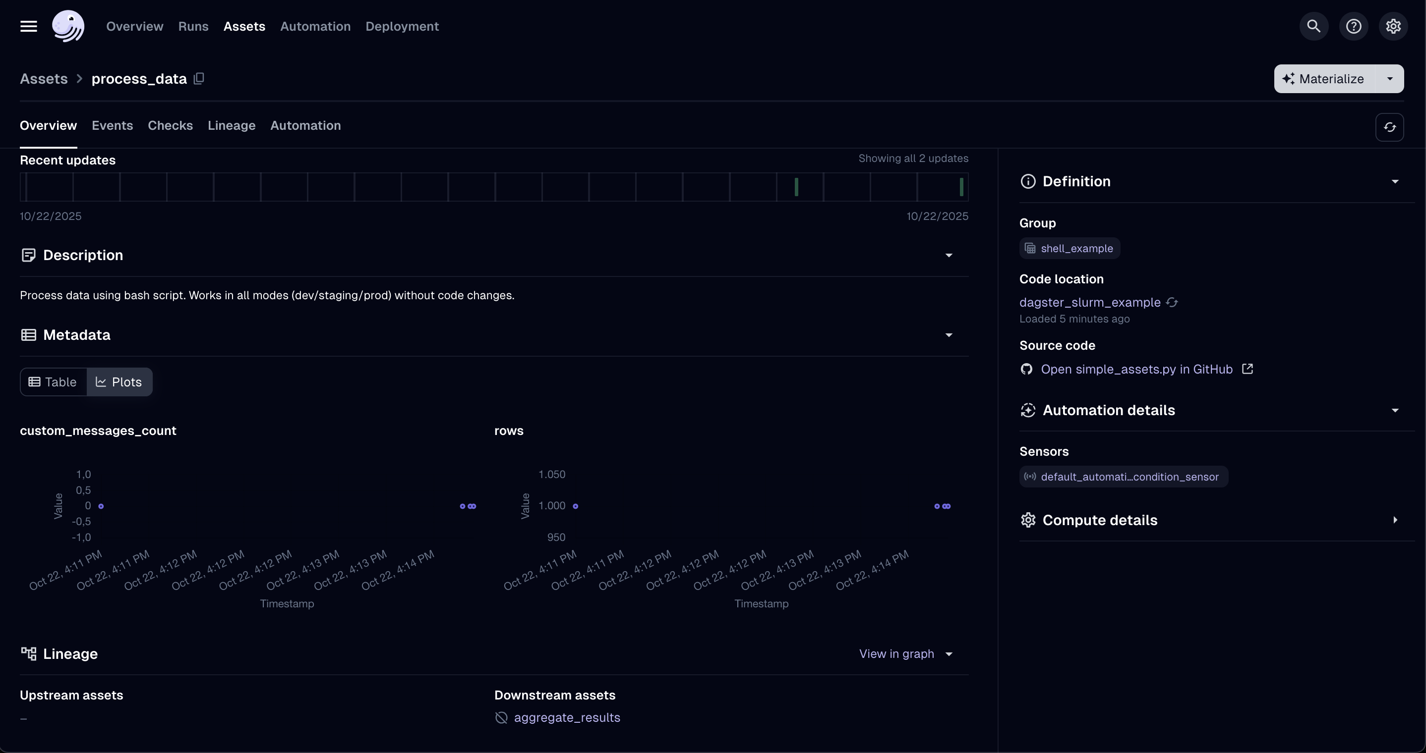 Screenshot comparing multiple Dagster runs