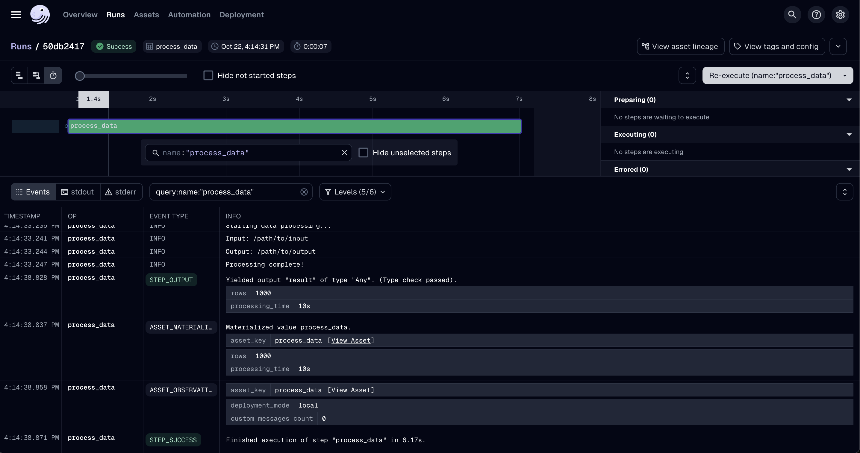 Screenshot comparing multiple Dagster runs